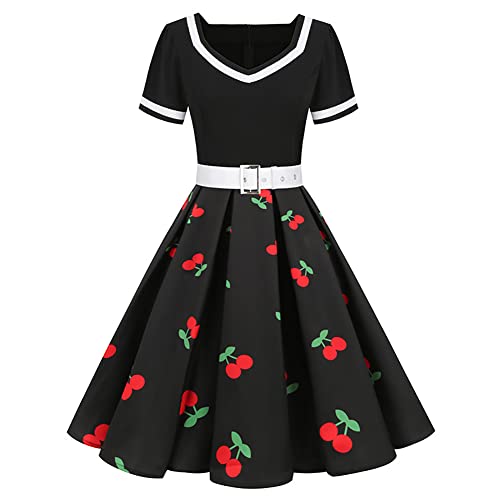 Rockabilly Kleider Damen 50er Jahre Petticoat Kleid Vintage Audrey Hepburn Kurzarm V-Ausschnitt Polka Dot Swing Coctailkleid Hochzeit Gast Festlich Knielang Sommerkleid Abendkleid Schwarz Kirsche 3XL von Odizli