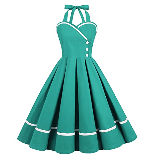 Odizli Rockabilly Kleider Damen 50er Jahre Vintage Audrey Hepburn Petticoat Kleid Elegant Neckholder Polka Dot Swing Knielang Coctailkleid Festlich Hochzeit Gast Sommer Kurz Abendkleid Blau S von Odizli