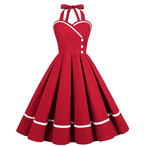 Odizli Rockabilly Kleider Damen 50er Jahre Vintage Audrey Hepburn Petticoat Kleid Elegant Neckholder Polka Dot Swing Knielang Coctailkleid Festlich Hochzeit Gast Sommer Kurz Abendkleid Weinrot L von Odizli