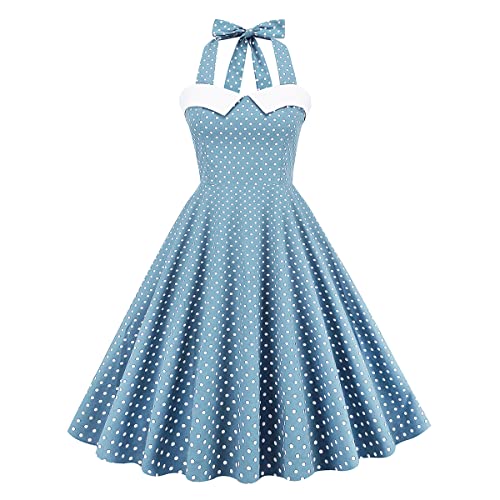 Odizli Rockabilly Kleider Damen 50er Jahre Vintage Audrey Hepburn Petticoat Kleid Elegant Neckholder Polka Dot Swing Knielang Coctailkleid Festlich Hochzeit Sommer Kurz Abendkleid H#Himmelblau S von Odizli