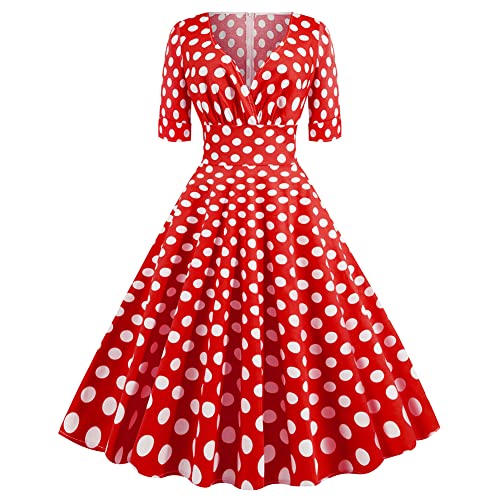 Rockabilly Kleider Damen 50er Jahre Vintage Elegant Kurzarm V-Ausschnitt Wickelkleid Knielang Coctailkleid Petticoat Kleid Festlich Hochzeit Partykleid Sommer Ballkleid Abendkleid Rot Polka Dot L von Odizli