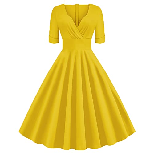 Rockabilly Kleider Damen 50er Jahre Vintage Elegant Kurzarm V-Ausschnitt Wickelkleid Knielang Coctailkleid Swing Petticoat Kleid Festlich Hochzeitsgäste Partykleid Sommer Ballkleid Abendkleid Gelb XXL von Odizli