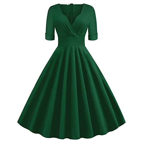 Rockabilly Kleider Damen 50er Jahre Vintage Elegant Kurzarm V-Ausschnitt Wickelkleid Knielang Coctailkleid Swing Petticoat Kleid Festlich Hochzeitsgäste Partykleid Sommer Ballkleid Abendkleid Grün M von Odizli