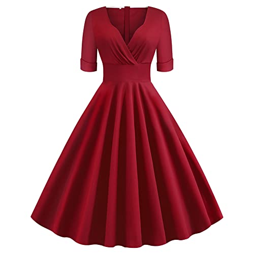 Rockabilly Kleider Damen 50er Jahre Vintage Elegant Kurzarm V-Ausschnitt Wickelkleid Knielang Coctailkleid Swing Petticoat Kleid Festlich Hochzeitsgäste Partykleid Sommer Ballkleid Abendkleid Rot L von Odizli