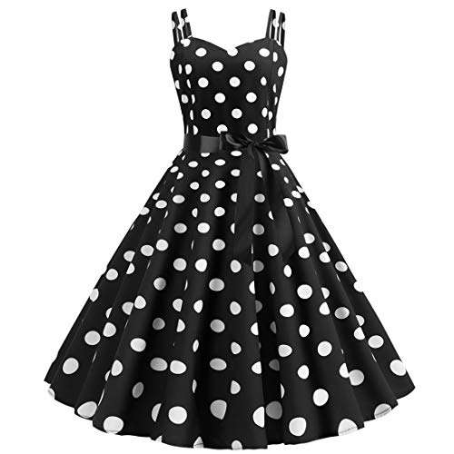 Rockabilly Kleider Damen 50er Jahre Vintage Retro 50s Petticoat Kleid Sommer Spaghettiträger Polka Dot Swing Pettycoatkleider Faltenrock Festlich Partykleid Coctailkleid Abendkleid Schwarz L von Odizli