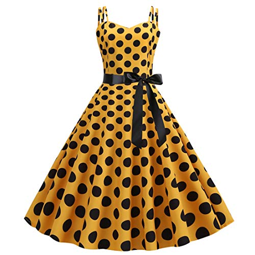 Rockabilly Kleider Damen 50er Jahre Vintage Retro 50s Petticoat Kleid Sommer Spaghettiträger Polka Dot Swing Pettycoatkleider Faltenrock Festlich Partykleid Coctailkleid Ballkleid Abendkleid Gelb 2XL von Odizli