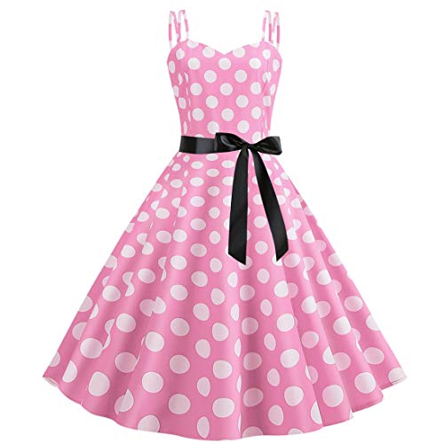 Rockabilly Kleider Damen 50er Jahre Vintage Retro 50s Petticoat Kleid Sommer Spaghettiträger Polka Dot Swing Pettycoatkleider Faltenrock Festlich Partykleid Coctailkleid Ballkleid Abendkleid Rosa S von Odizli