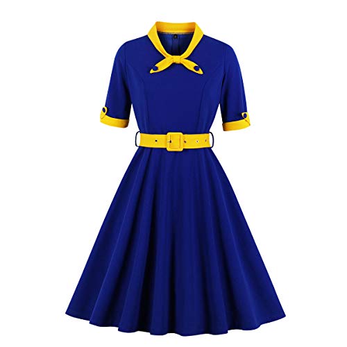 Rockabilly Kleider Damen 50s Vintage 50er Jahre Audrey Hepburn Retro Petticoat Kleid Kurzarm Sailor Tie Skaterkleid Swing A-Linien Pettycoatkleider Festlich Coctailkleid Abendkleid Königsblau+Gelb XL von Odizli