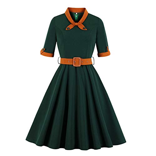 Rockabilly Kleider Damen 50s Vintage 50er Jahre Audrey Hepburn Retro Petticoat Kleid Kurzarm Sailor Tie Skaterkleid Swing A-Linien Pettycoatkleider Festlich Coctailkleid Kurz Abendkleid Grün S von Odizli