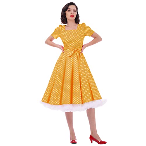 Rockabilly Kleider Damen 50s Vintage 50er Jahre Retro Petticoat Kleid Kurzarm Polka Dot Sommer Swing Pettycoatkleider Festlich Hochzeit Partykleid Coctailkleid Kurz Ballkleid Abendkleid B#Gelb M von Odizli