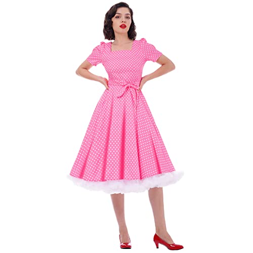 Rockabilly Kleider Damen 50s Vintage 50er Jahre Retro Petticoat Kleid Kurzarm Polka Dot Sommer Swing Pettycoatkleider Festlich Hochzeit Partykleid Coctailkleid Kurz Ballkleid Abendkleid B#Rosa M von Odizli