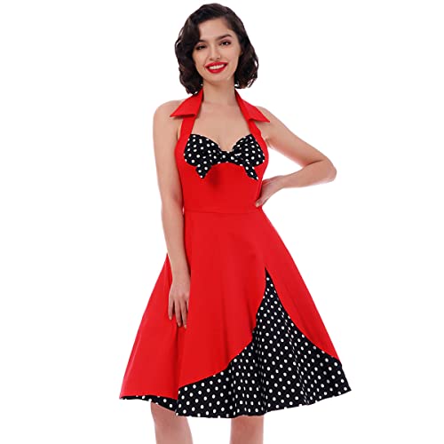 Rockabilly Kleider Damen 50s Vintage 50er Jahre Retro Petticoat Kleid Neckholder Blumen Polka Dot Swing A-Linien Pettycoatkleider Festlich Coctailkleid Kurz Ballkleid Abendkleid Rot+Schwarz L von Odizli