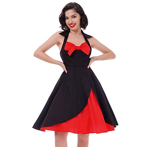 Rockabilly Kleider Damen 50s Vintage 50er Jahre Retro Petticoat Kleid Neckholder Blumen Polka Dot Swing A-Linien Pettycoatkleider Festlich Coctailkleid Kurz Ballkleid Abendkleid Schwarz+Rot 3XL von Odizli