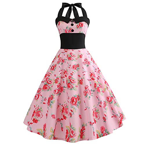 Rockabilly Kleider Damen 50s Vintage 50er Jahre Retro Petticoat Kleid Neckholder Polka Dot Sommer Swing Pettycoatkleider Festlich Partykleid Coctailkleid Kurz Ballkleid Abendkleid B#Rose Blume S von Odizli