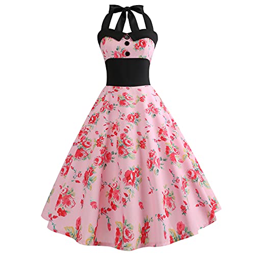 Rockabilly Kleider Damen 50s Vintage 50er Jahre Retro Petticoat Kleid Neckholder Polka Dot Sommer Swing Pettycoatkleider Festlich Partykleid Coctailkleid Kurz Ballkleid Abendkleid B#Rose Blume XL von Odizli