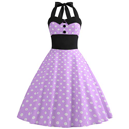 Rockabilly Kleider Damen 50s Vintage 50er Jahre Retro Petticoat Kleid Neckholder Polka Dot Sommer Swing Pettycoatkleider Festlich Partykleid Coctailkleid Kurz Ballkleid Abendkleid B#Violett XXL von Odizli