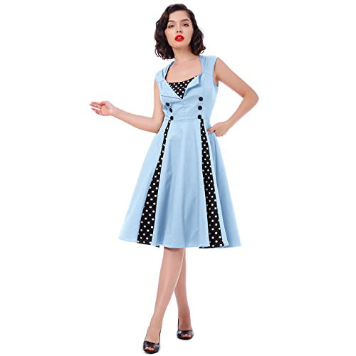 Rockabilly Kleider Damen 50s Vintage Retro Petticoat Kleid 50er Jahre Gespleißt Blumen/Polka Dots Ärmellos Sommer Swing Pettycoatkleider Festlich Coctailkleid Midi Ballkleid Abendkleid B#Hellblau L von Odizli