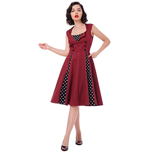 Rockabilly Kleider Damen 50s Vintage Retro Petticoat Kleid 50er Jahre Gespleißt Blumen/Polka Dots Ärmellos Sommer Swing Pettycoatkleider Festlich Coctailkleid Midi Ballkleid Abendkleid B#Weinrot XXL von Odizli