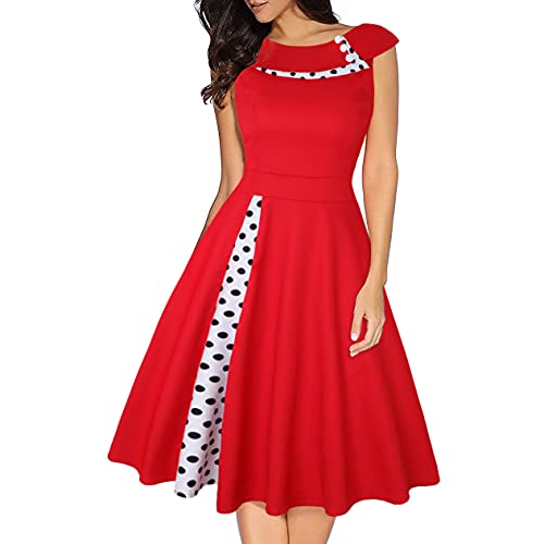 Rockabilly Kleider Damen 50s Vintage Retro Petticoat Kleid 50er Jahre Gespleißt Blumen/Polka Dots Ärmellos Sommer Swing Pettycoatkleider Festlich Coctailkleid Midi Ballkleid Abendkleid C#Rot L von Odizli