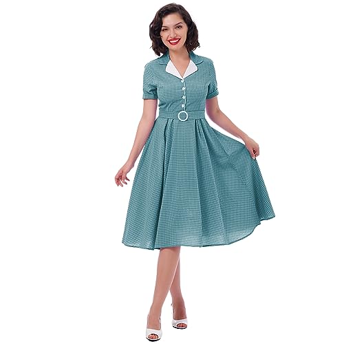 Rockabilly Kleider Damen 50s Vintage Retro Petticoat Kleid 50er Jahre Kurzarm Peter Pan Kragen Sommer Swing Hochzeit Gast Festlich Partykleid Coctailkleid Ballkleid Kurz Abendkleid Grün Gingham XXL von Odizli