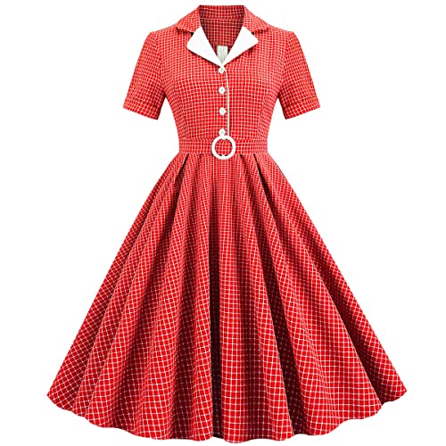 Rockabilly Kleider Damen 50s Vintage Retro Petticoat Kleid 50er Jahre Kurzarm Peter Pan Kragen Sommer Swing Hochzeit Gast Festlich Partykleid Coctailkleid Ballkleid Kurz Abendkleid Rot Gingham 2XL von Odizli