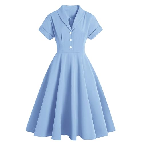 Rockabilly Kleider Damen 50s Vintage Retro Petticoat Kleid 50er Jahre Kurzarm Peter Pan Kragen Sommer Swing Pettycoatkleider Festlich Partykleid Coctailkleid Ballkleid Abendkleid Blau XXL von Odizli