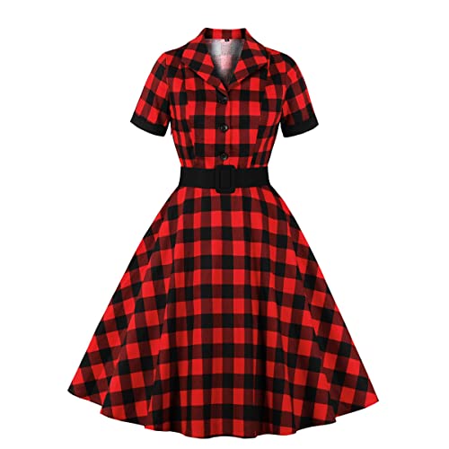 Rockabilly Kleider Damen 50s Vintage Retro Petticoat Kleid 50er Jahre Kurzarm Peter Pan Kragen Sommer Swing Pettycoatkleider Festlich Partykleid Coctailkleid Ballkleid Abendkleid Rot Plaid XXL von Odizli