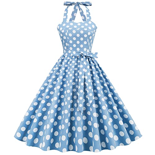 Rockabilly Kleider Damen 60er 50er Jahre Vintage 50s Audrey Hepburn Retro Petticoat Kleid Neckholder Polka Dot Swing Knielang Coctailkleid Festlich Hochzeit Gast Sommer Kurz Abendkleid B#Blau S von Odizli