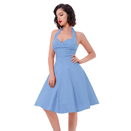 Rockabilly Kleider Damen 60er 50er Jahre Vintage 50s Audrey Hepburn Retro Petticoat Kleid Neckholder Polka Dot Swing Knielang Coctailkleid Festlich Hochzeit Gast Sommer Kurz Abendkleid D#Blau L von Odizli