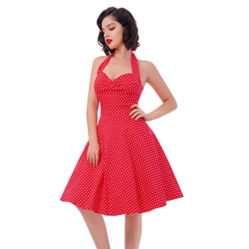 Rockabilly Kleider Damen 60er 50er Jahre Vintage 50s Audrey Hepburn Retro Petticoat Kleid Neckholder Polka Dot Swing Knielang Coctailkleid Festlich Hochzeit Gast Sommer Kurz Abendkleid D#Rot M von Odizli