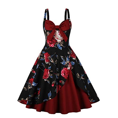 Rockabilly Kleider Damen Vintage 50er Jahre Audrey Hepburn Petticoat Kleid Spaghettiträger Swing Pettycoatkleider Festlich Hochzeit Coctailkleid Ballkleid Abendkleid Sommerkleid Burgund-Blume 2XL von Odizli