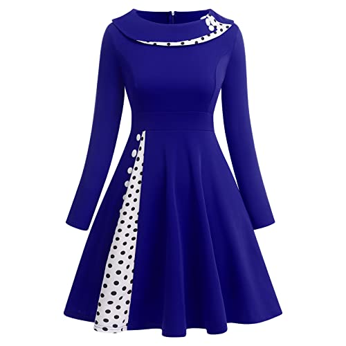 Rockabilly Kleider Damen Vintage Retro Petticoat Kleid Audrey Hepburn 50er Jahre Gespleißt Polka Dots Langarm Swing Coctailkleid Festlich Hochzeit Gast Midi Abendkleid Große Größen Königsblau#D L von Odizli