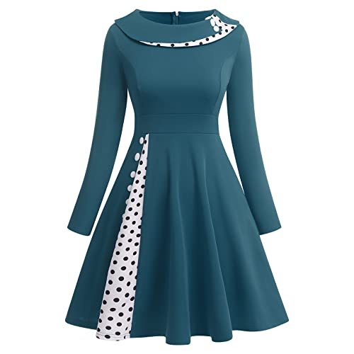 Rockabilly Kleider Damen Vintage Retro Petticoat Kleid Audrey Hepburn 50er Jahre Gespleißt Polka Dots Langarm Swing Coctailkleid Festlich Hochzeit Gast Midi Abendkleid Große Größen Pfau Blau#D 3XL von Odizli