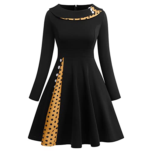 Rockabilly Kleider Damen Vintage Retro Petticoat Kleid Audrey Hepburn 50er Jahre Gespleißt Polka Dots Langarm Swing Coctailkleid Festlich Hochzeit Gast Midi Abendkleid Große Größen Schwarz#D 2XL von Odizli