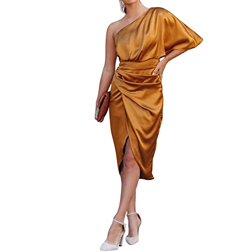 Satin Kleid mit Schlitz Damen Elegant Sexy One Shoulder Lang Partykleid Cocktailkleid Enges Bodycon Etuikleid Midikleid Hochzeit Festliche Hochzeitsgäste Silvester Abendkleid Sommerkleid Orange L von Odizli