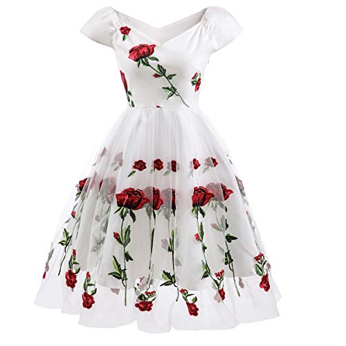 Silvester Kleid Damen 50s Vintage Elegant Rose Blumen Stickerei 50er Jahre Rockabilly Swing Tüllkleid Festliche Hochzeit Cocktailkleid Weihnachtskleid Partykleid Midi Abendkleid Weiß-Kurzarm S von Odizli