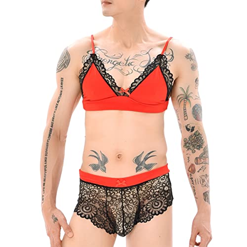 Sissy Dessous Männer Herren Sexy Crossdresser Unterwäsche Spitzen BH Top + String Tanga Slip Höschen + Socken Strümpfe 3tlg Kleidung Erotisch Reizwäsche Unterhose Nachthemden Negligee Schwarz Rot L von Odizli