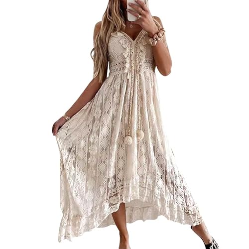 Sommerkleid Damen Lang Strandkleid Sommer Sexy V-Ausschnitt Boho Bohemian Hippie Blumenkleid Spitzenkleid Crochet Kleid Festlich Hochzeit Maxikleid Midi Freizeitkleid Große Größen Aprikose 01 3XL von Odizli