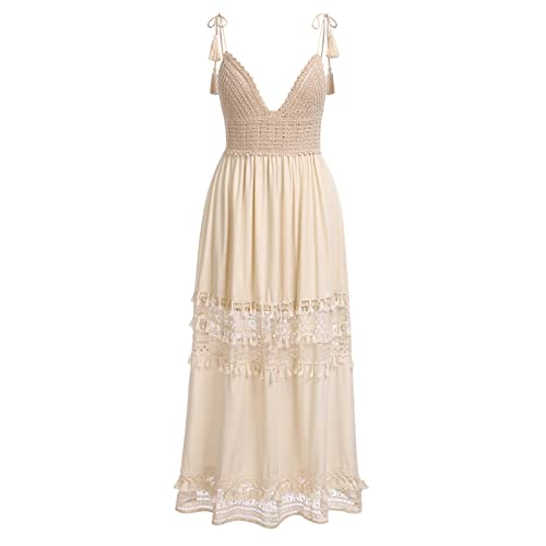 Sommerkleid Damen Lang Strandkleid Sommer Sexy V-Ausschnitt Boho Bohemian Hippie Blumenkleid Spitzenkleid Crochet Kleid Festlich Hochzeit Maxikleid Midi Freizeitkleid Große Größen Aprikose 02 M von Odizli