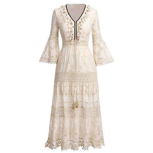 Sommerkleid Damen Lang Strandkleid Sommer Sexy V-Ausschnitt Boho Bohemian Hippie Blumenkleid Spitzenkleid Crochet Kleid Festlich Hochzeit Maxikleid Midi Freizeitkleid Große Größen Aprikose 05 M von Odizli