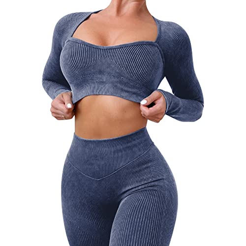 Sport Set Damen Fitness Bekleidung Jogginganzug Frauen Sportsachen Crop Tops+High Waist Leggings Leggins Zweiteiler Gym Outfit Workout Yoga Kleidung Sportanzug Sportkleidung Blau-Langarm Lang L von Odizli