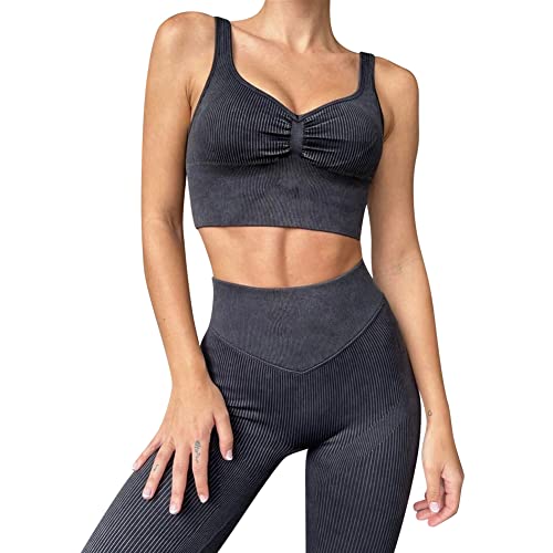 Sport Set Damen Fitness Bekleidung Jogginganzug Frauen Sportsachen Crop Tops+High Waist Leggings Leggins Zweiteiler Gym Outfit Workout Yoga Kleidung Sportanzug Sportkleidung Schwarz-BH Lang L von Odizli