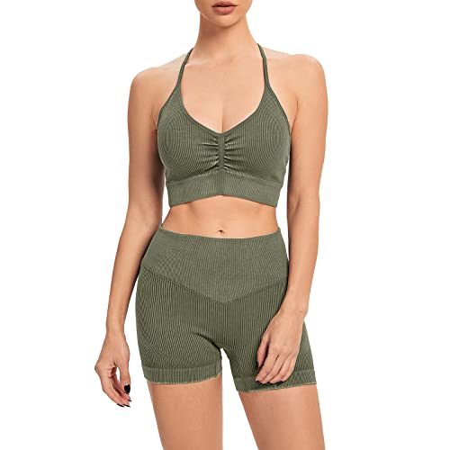 Sport Set Damen Fitness Bekleidung Jogginganzug Frauen Sportsachen Crop Tops+High Waist Radlerhose Gym Shorts Zweiteiler Outfit Workout Yoga Kleidung Sportanzug Armeegrün-Spaghettiträger Kurz M von Odizli