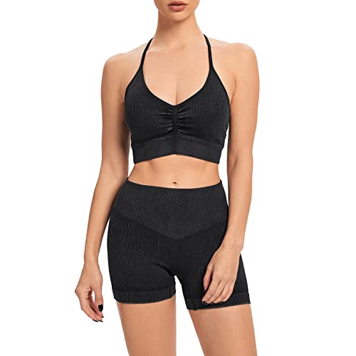 Sport Set Damen Fitness Bekleidung Jogginganzug Frauen Sportsachen Crop Tops+High Waist Radlerhose Gym Shorts Zweiteiler Outfit Workout Yoga Kleidung Sportanzug Schwarz-Spaghettiträger Kurz M von Odizli