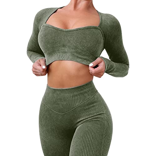 Sport Set Damen Fitness Bekleidung Jogginganzug Frauen Sportsachen Sport Bh Crop Tops+High Waist Leggings Leggins Zweiteiler Gym Outfit Workout Yoga Kleidung Sportanzug Armeegrün-Langarm Lang M von Odizli