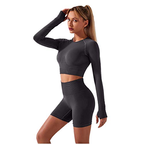 Sport Set Damen Yoga Langarm/Kurzarm Oberteile Crop Top+Shorts Leggings Jogginghose 2 Teiler Gym Fitness Bekleidung Outfit Sportanzug Jogginganzug Freizeitanzug Trainingsanzug Grau-Langarm M von Odizli