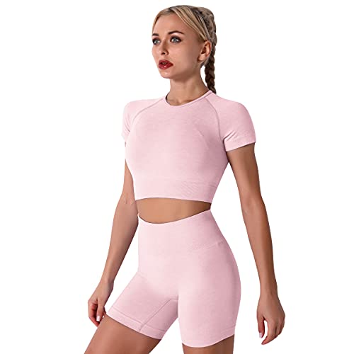 Sport Set Damen Yoga Langarm/Kurzarm Oberteile Crop Top+Shorts Leggings Jogginghose 2 Teiler Gym Fitness Bekleidung Outfit Sportanzug Jogginganzug Freizeitanzug Trainingsanzug Rosa-Kurzarm S von Odizli