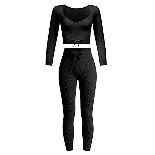 ODIZLI Sport Set Damen Zweiteiler Frauen Gerippte Langarm Crop Tops+High Waist Leggings Leggins Outfit Gym Workout Yoga Kleidung Sportanzug Sportkleidung Fitness Bekleidung Sportsachen Schwarz-Lang M von Odizli