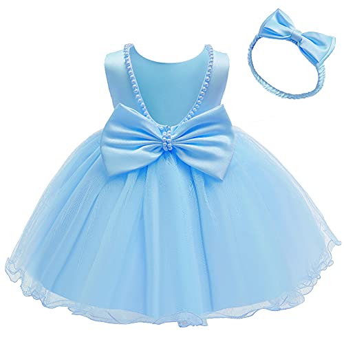 Taufkleid Baby Mädchen Kinder Ärmellos Satin Perlen Bowknot Prinzessin Tutu Tüllkleid Blumenmädchenkleider Hochzeit Brautjungfer Festlich 1. Geburtstag Party Abendkleid+Stirnband Hellblau 5-6 Jahre von Odizli