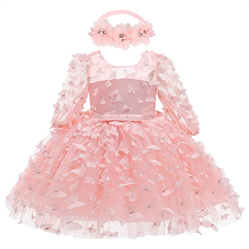 Taufkleid Baby Mädchen Langarm 3D Schmetterling Prinzessin Tutu Tüllkleid+Blume Stirnband Erster 1 Geburtstag Outfit Neugeborenen Sachen Erstausstattung Set Babykleidung Fotoshooting Rosa 12 Monate von Odizli